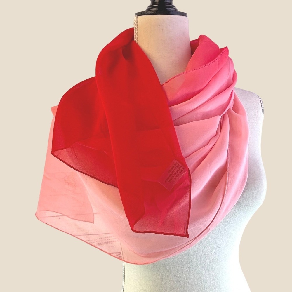 Vintage Scarf Diane von Furstenberg Red Pink 100% Silk Ombre Chiffon Hand Rolled